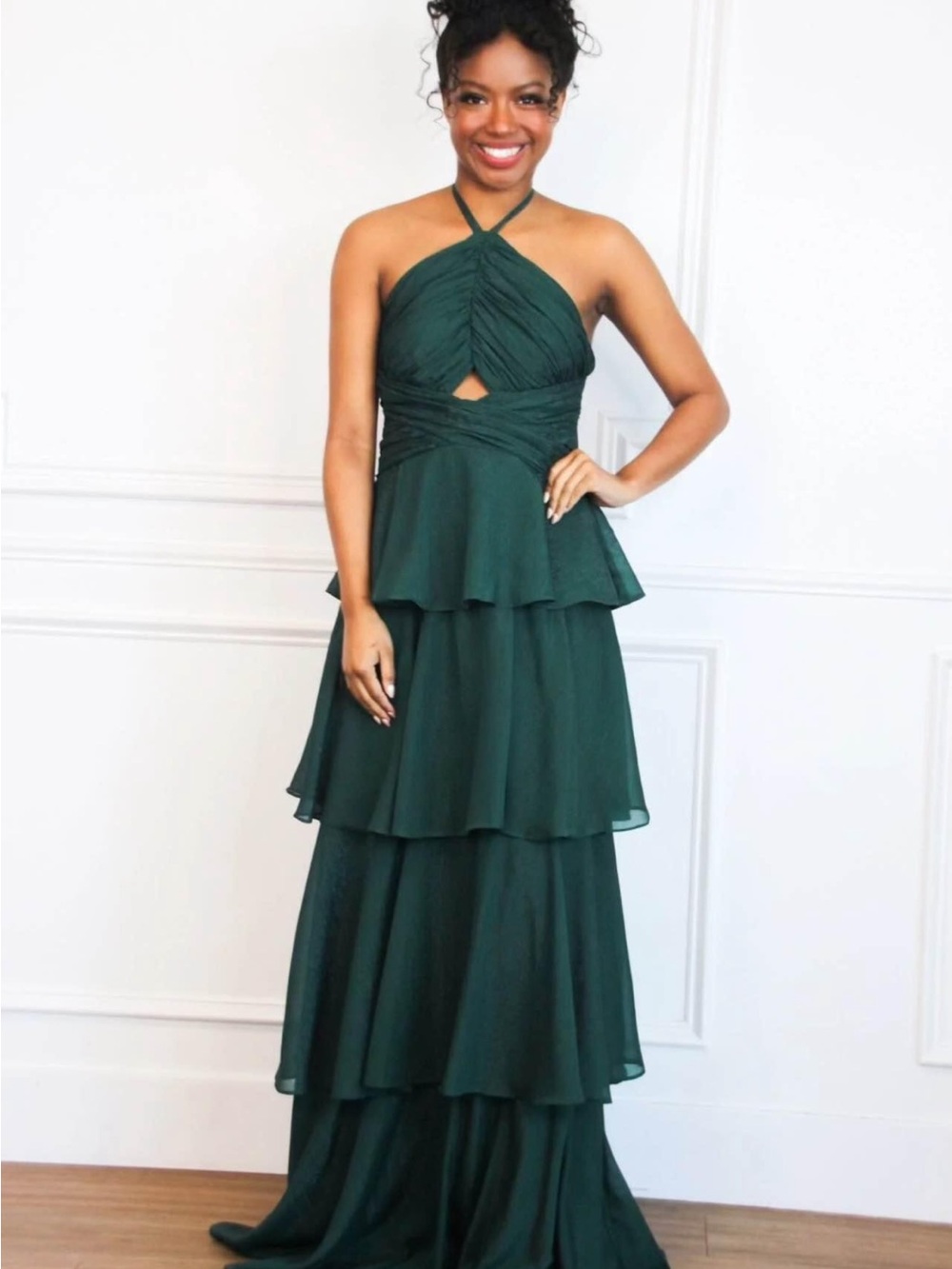 Elegant Dark Green Tiered Halter Evening Dress